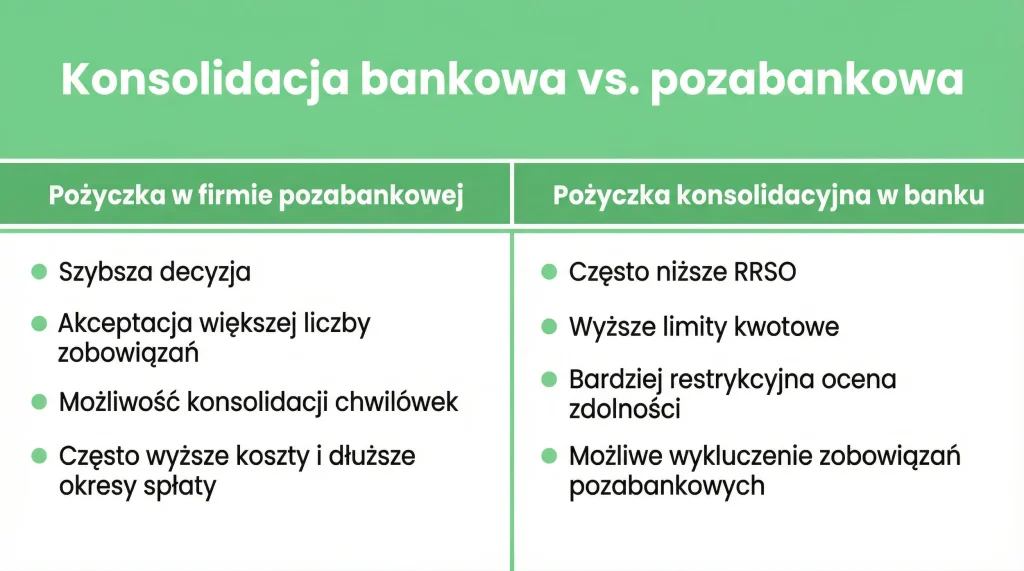 Tabela porównująca konsolidację bankową i pozabankową w 2026 roku