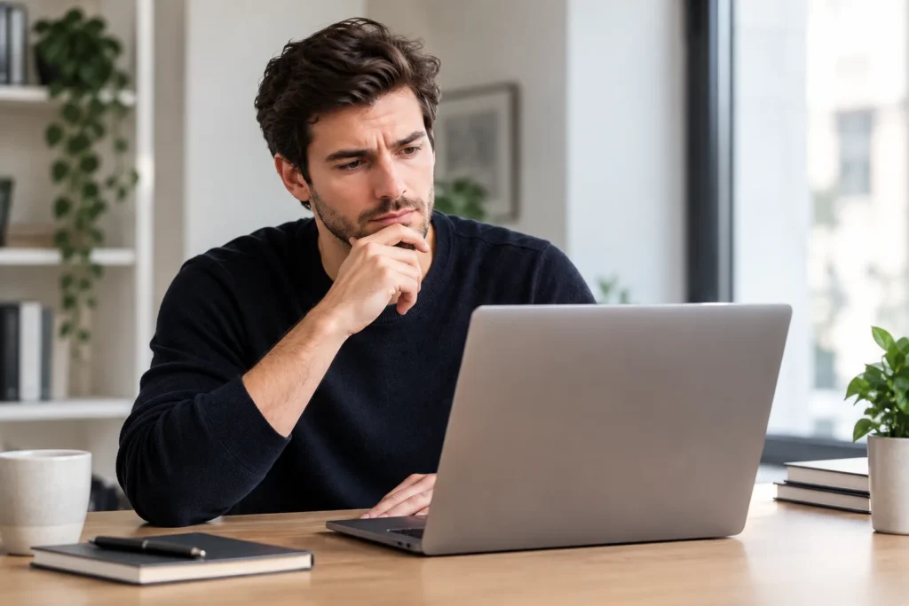 Mężczyzna sprawdzający swoją sytuację finansową na laptopie