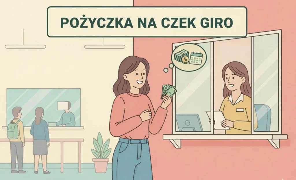 Kobieta odbierająca gotówkę w placówce pocztowej w ramach usługi „pożyczka na czek giro”.