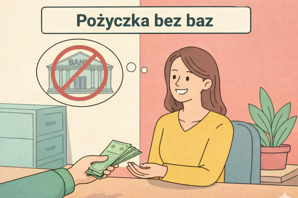 Ilustracja przedstawiająca kobietę otrzymującą pożyczkę bez baz.