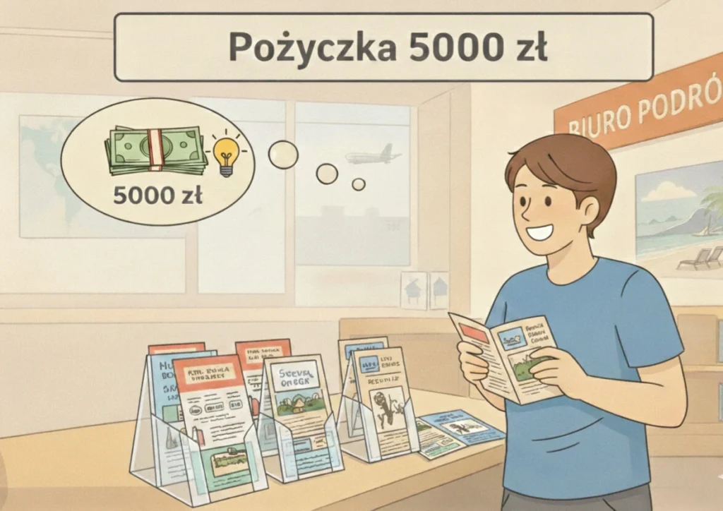 Mężczyzna w biurze podróży planujący wakacje i myślący o pożyczce 5000 zł.