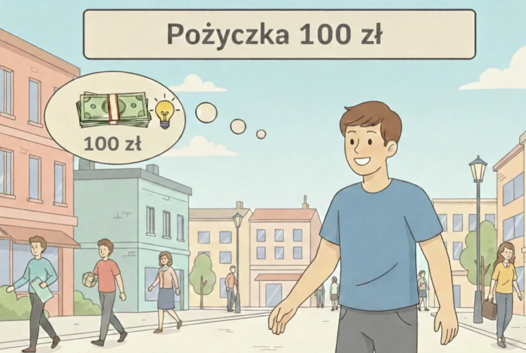 Ilustracja przedstawiająca uśmiechniętego mężczyznę w mieście, myślącego o szybkiej pożyczce w kwocie 100 zł.