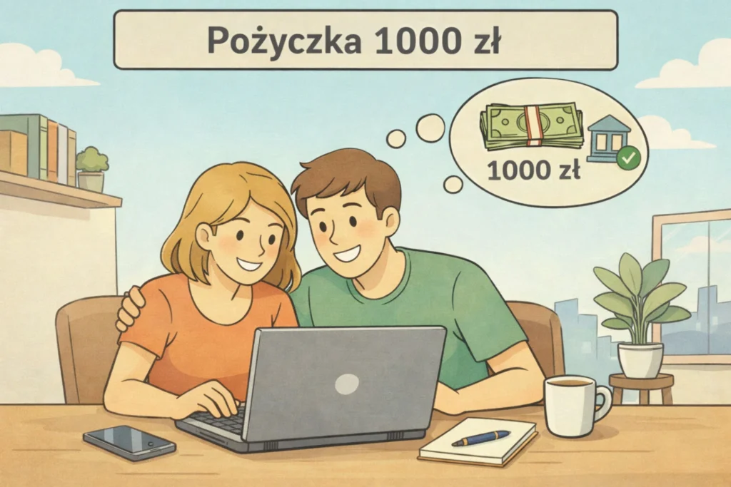 Młoda para korzystająca z laptopa i wnioskująca o pożyczkę 1000 zł online.