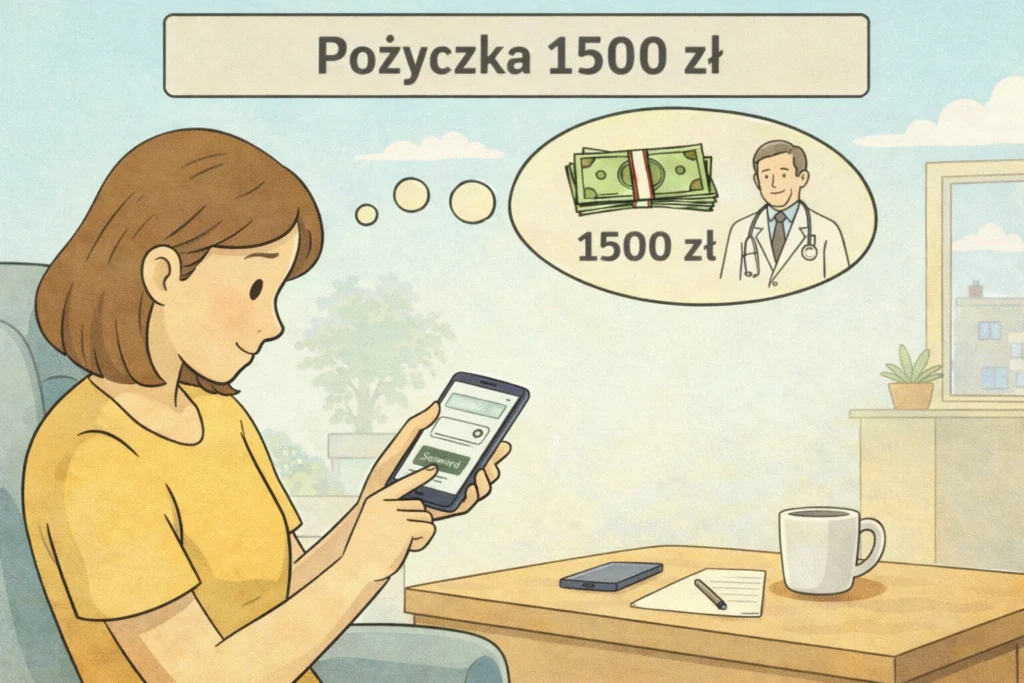 Osoba korzystająca ze smartfona i wnioskująca o pożyczkę 1500 zł online – szybka decyzja finansowa w 2026 roku.