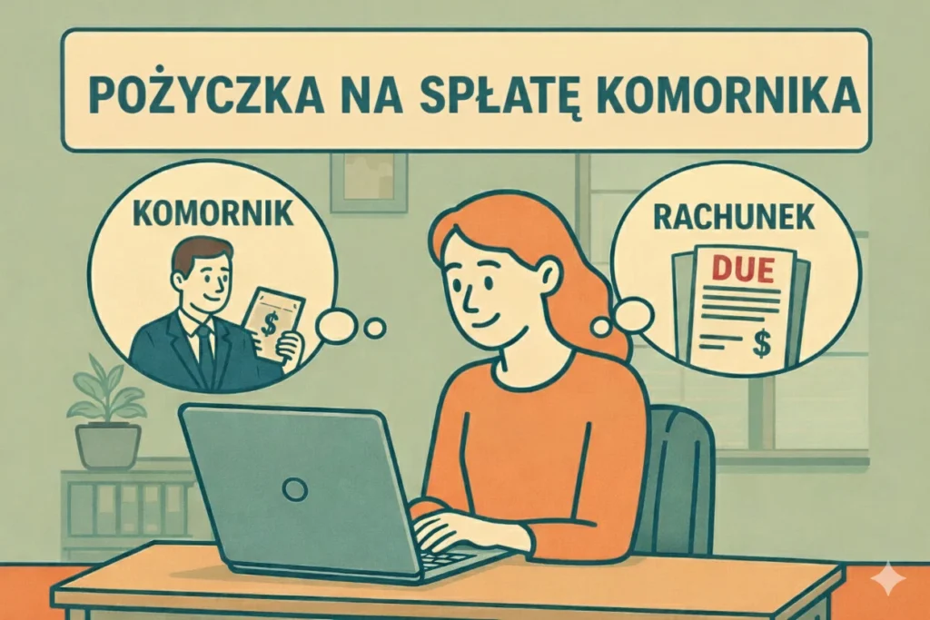 Kobieta pracująca przy laptopie, analizująca opcję pożyczki na spłatę komornika i zaległych rachunków.