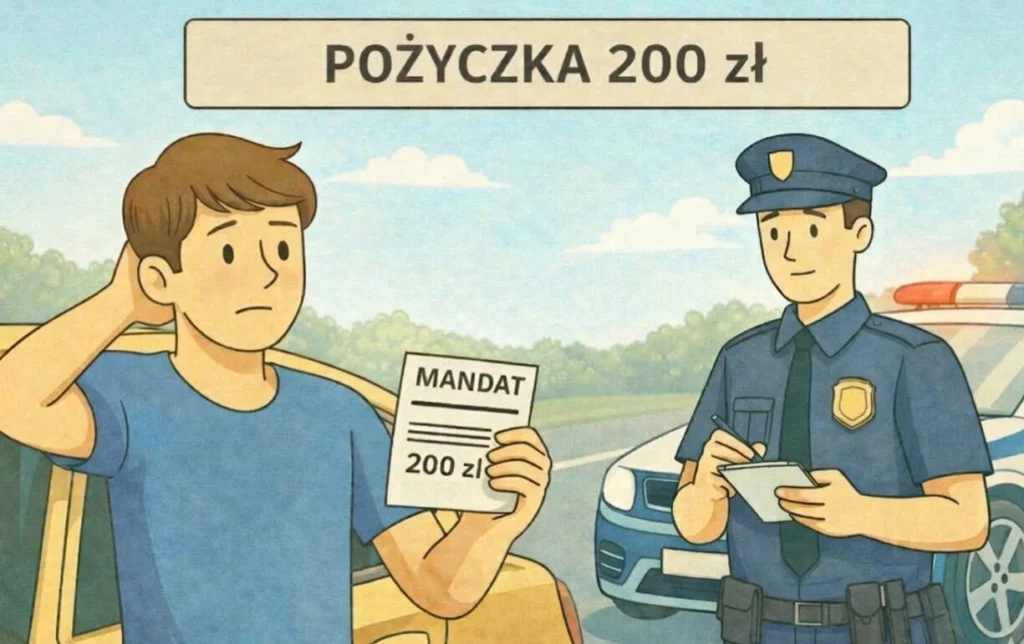 Ilustracja do artykułu Pożyczka 200 zł przedstawiająca policjanta wręczającego mandat kierowcy.