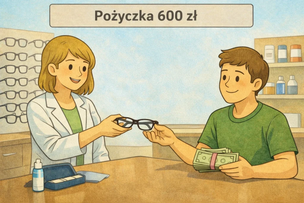 Ilustracja przedstawiająca mężczyznę płacącego gotówką za nowe okulary u optyka – przykład wykorzystania pożyczki 600 zł na nagłe wydatki w 2026 roku.