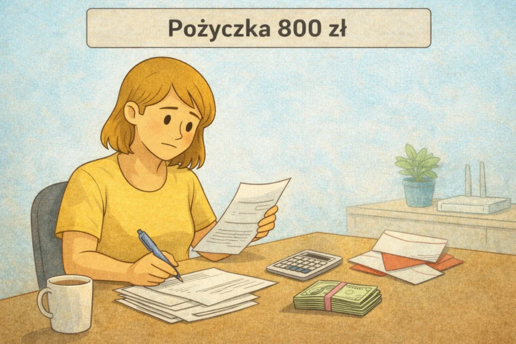lustracja kobiety analizującej rachunki domowe przy kawie w kontekście planowania pożyczki 800 zł.