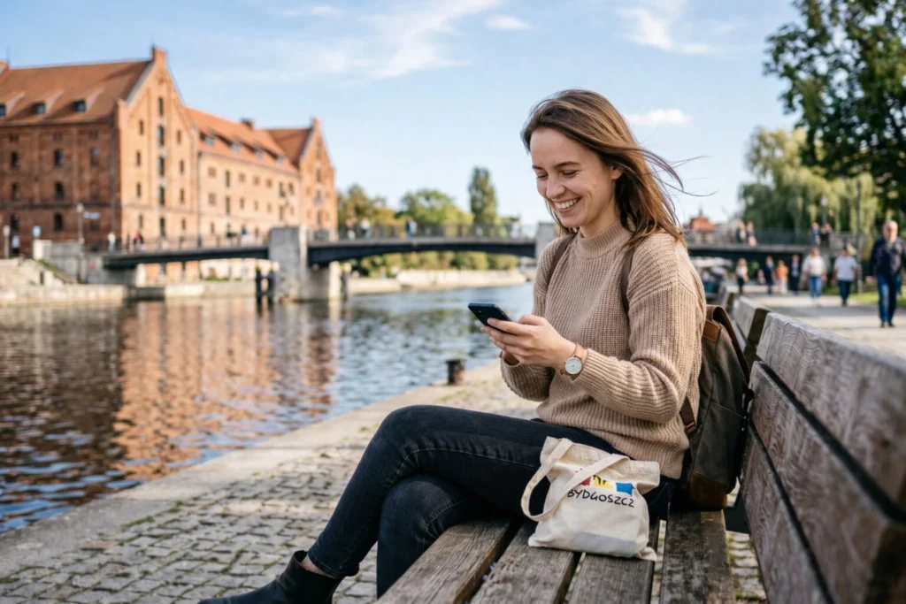 Pożyczka online Bydgoszcz – kobieta przeglądająca chwilówki na telefonie.