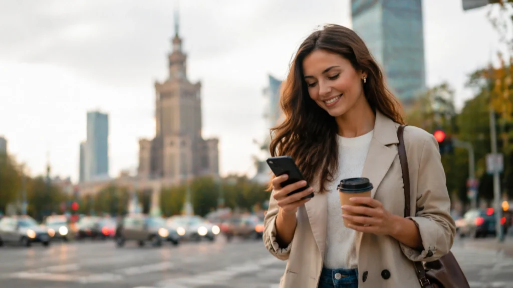 Szybka pożyczka online Warszawa – kobieta sprawdza ofertę na smartfonie.