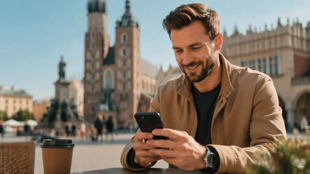 Chwilówki Kraków – mężczyzna sprawdza ofertę pożyczki online na telefonie na Rynku Głównym.