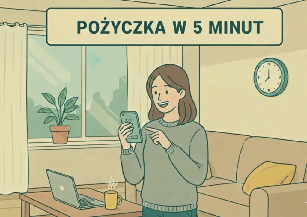 Ilustracja przedstawiająca szybki dostęp do pieniędzy dzięki pożyczce w 5 minut.