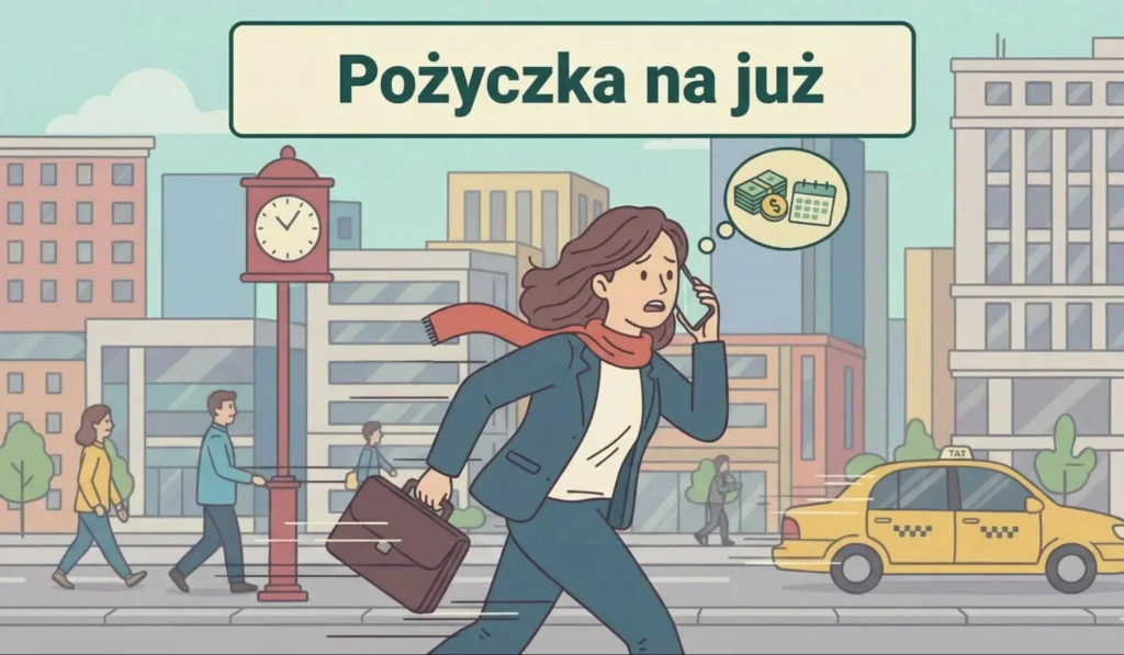 Dynamiczna grafika miejska z napisem „Pożyczka na już”, przedstawiająca kobietę w pośpiechu, finalizującą pożyczkę przez telefon.