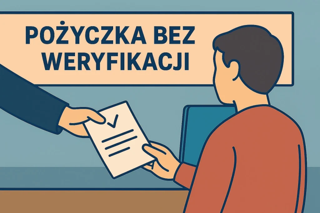Mężczyzna otrzymujący decyzję o pożyczce bez weryfikacji w biurze pożyczkowym w 2026 roku
