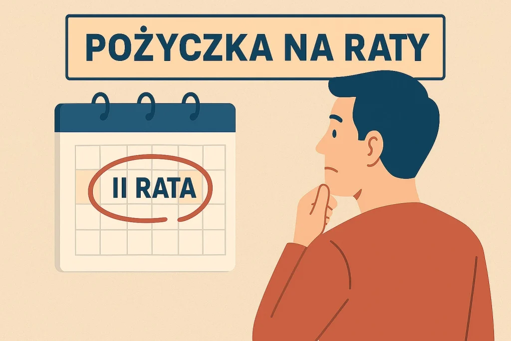 Mężczyzna patrzy na kalendarz z zaznaczoną ratą pożyczki; ilustracja symbolizuje terminową spłatę oraz działanie pożyczki na raty.