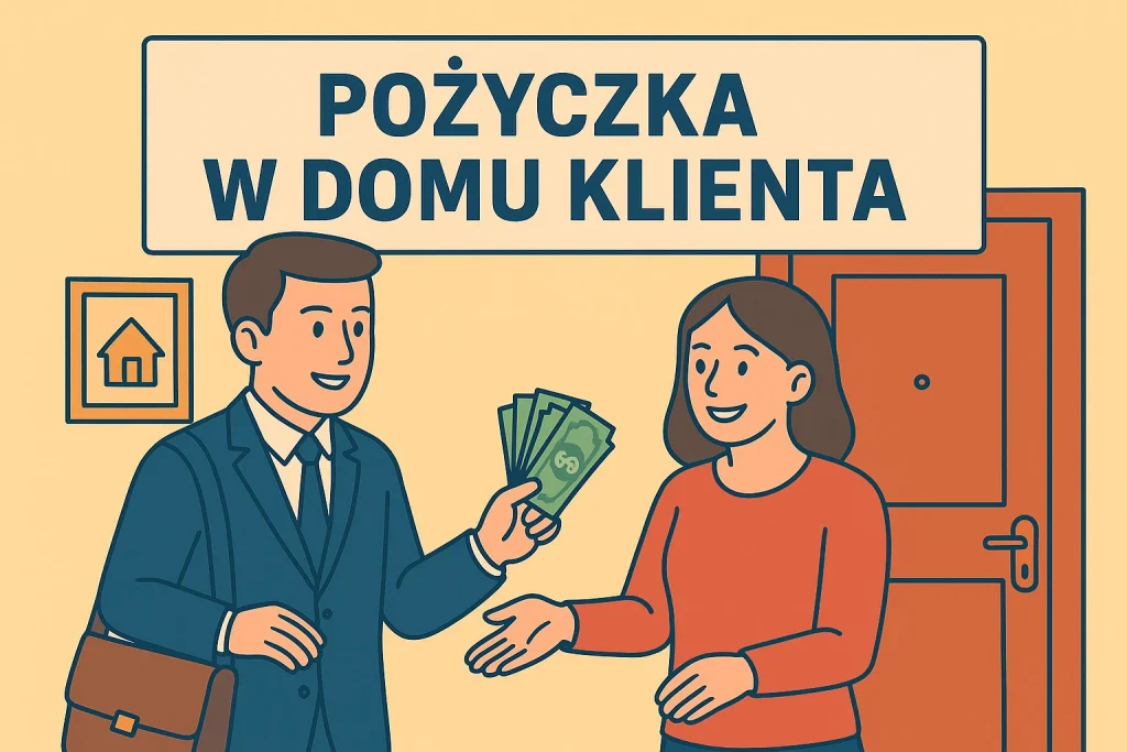 Doradca firmy pozabankowej dostarczający gotówkę i podpisujący umowę w domu klienta – pożyczka domowa 2026.