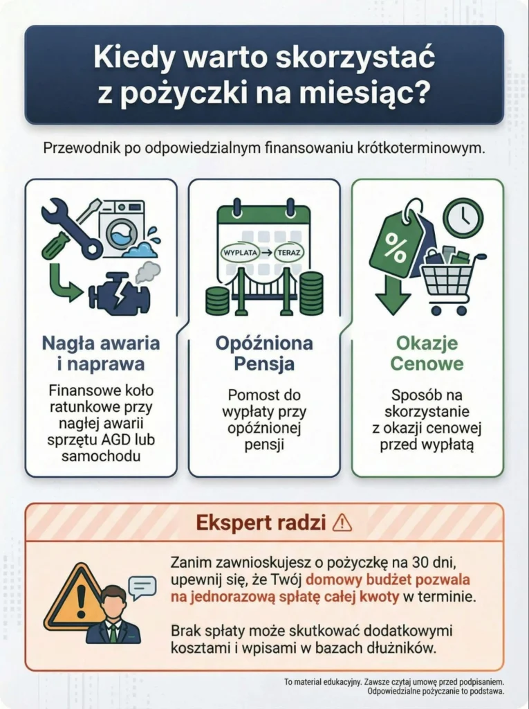 Infografika przedstawiająca sytuacje, w których warto skorzystać z pożyczki na miesiąc.