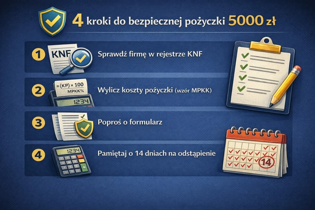 Infografika przedstawiająca 4 kroki do bezpiecznej pożyczki 5000 zł.