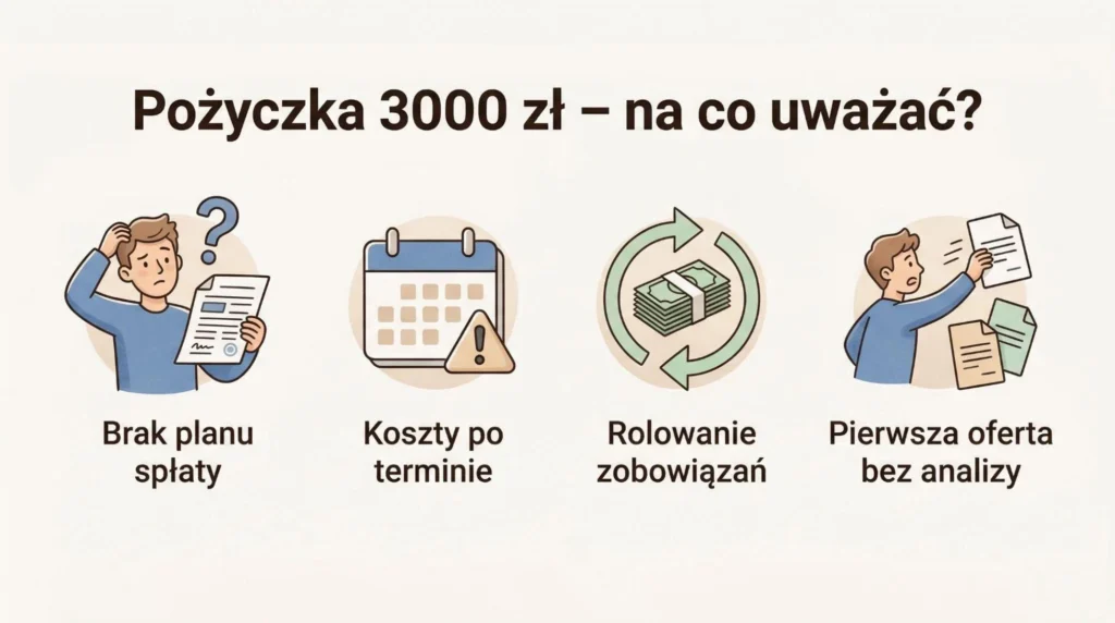 Pożyczka 3000 zł – na co uważać. Grafika przedstawiająca typowe błędy finansowe