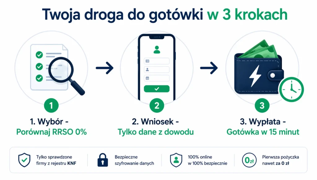 Schemat UX pożyczki online Kraków – 3 kroki do otrzymania chwilówki.