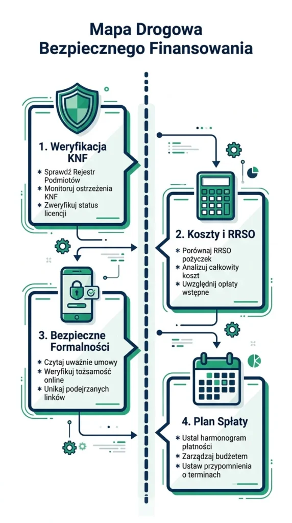 Mapa drogowa bezpiecznego pożyczania w Katowicach – infografika edukacyjna o weryfikacji KNF, kosztach RRSO i zasadach terminowej spłaty chwilówki online
