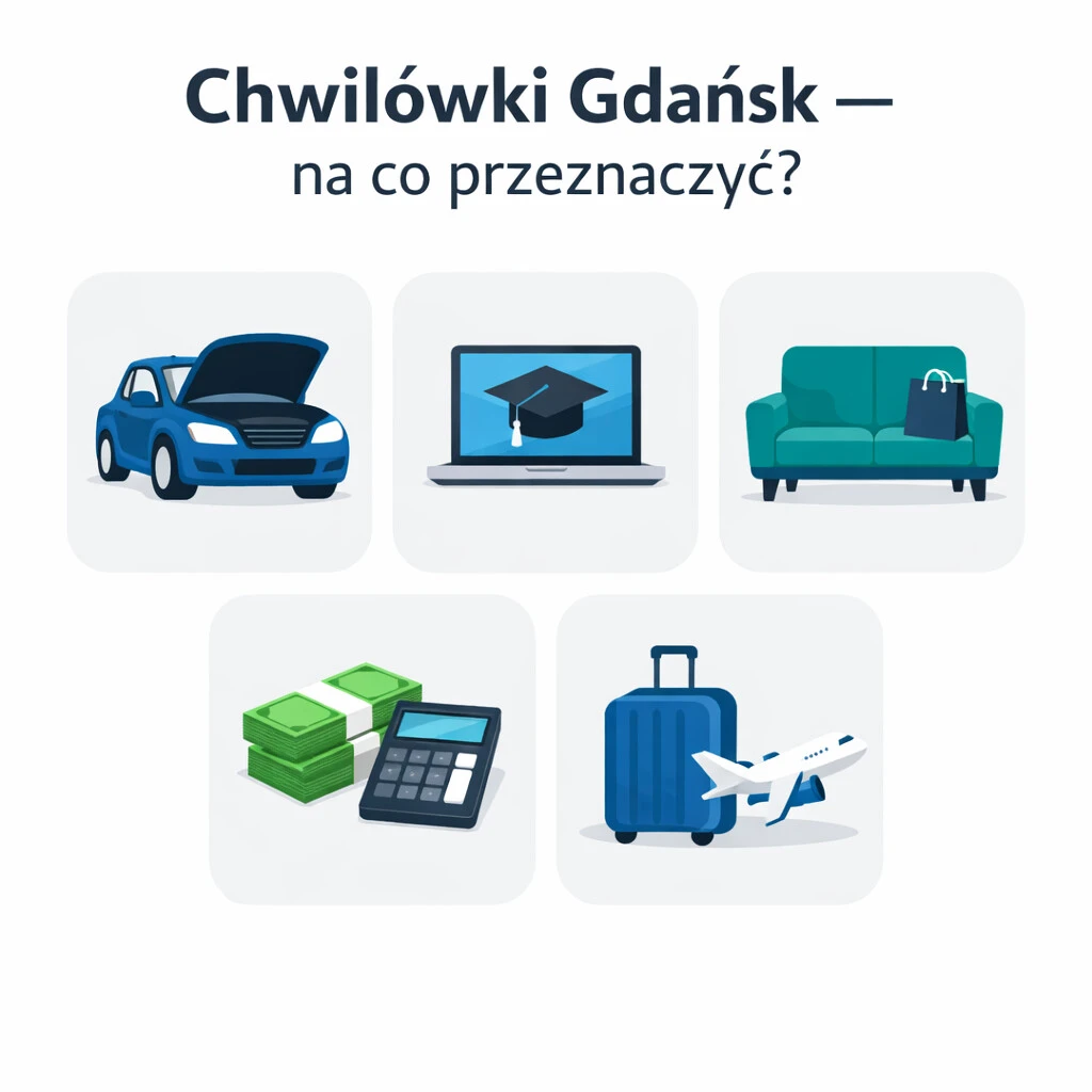 Infografika o wykorzystaniu chwilówek w Gdańsku – naprawa samochodu, edukacja, wyposażenie mieszkania, opłaty i wyjazdy.