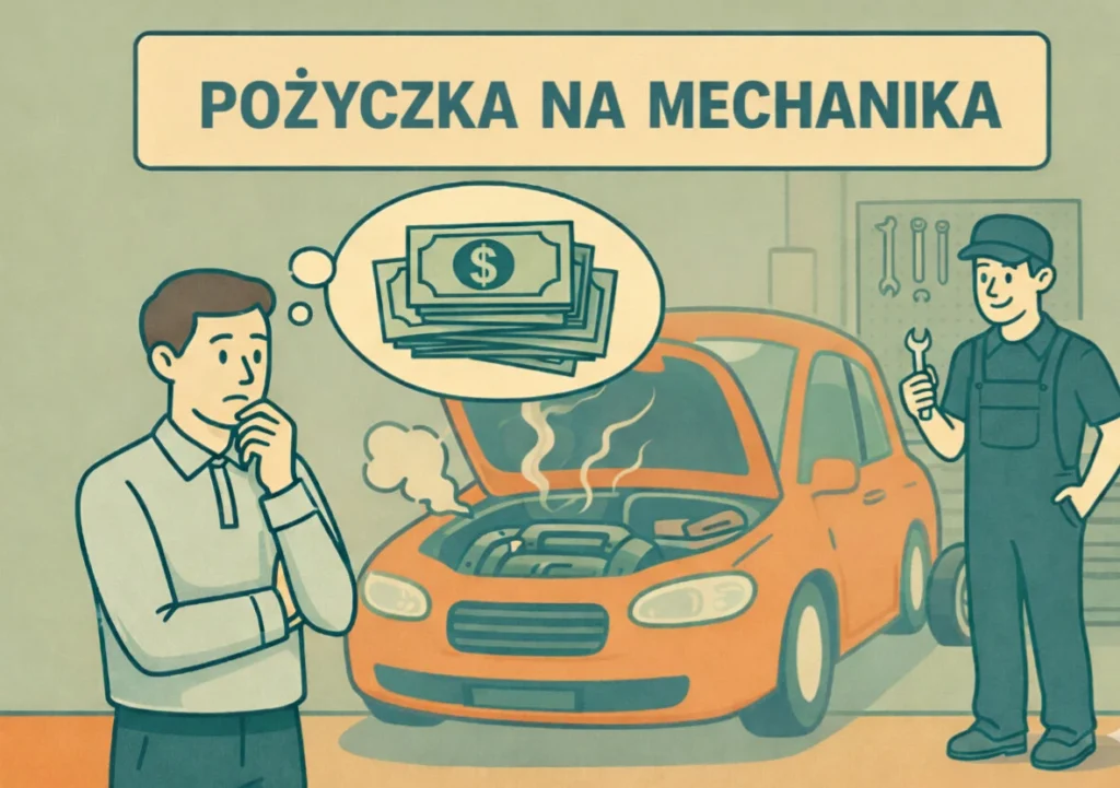 Ilustracja przedstawiająca rozwiązanie nagłego wydatku, jakim jest pożyczka na mechanika przy naprawie zepsutego samochodu.