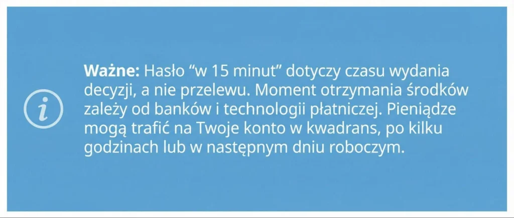 Grafika przypominająca, że pożyczka w 15 minut dotyczy czasu wydania decyzji. 