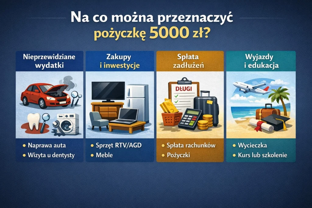 Infografika przedstawiająca najczęstsze cele przeznaczenia pożyczki 5000 zł.