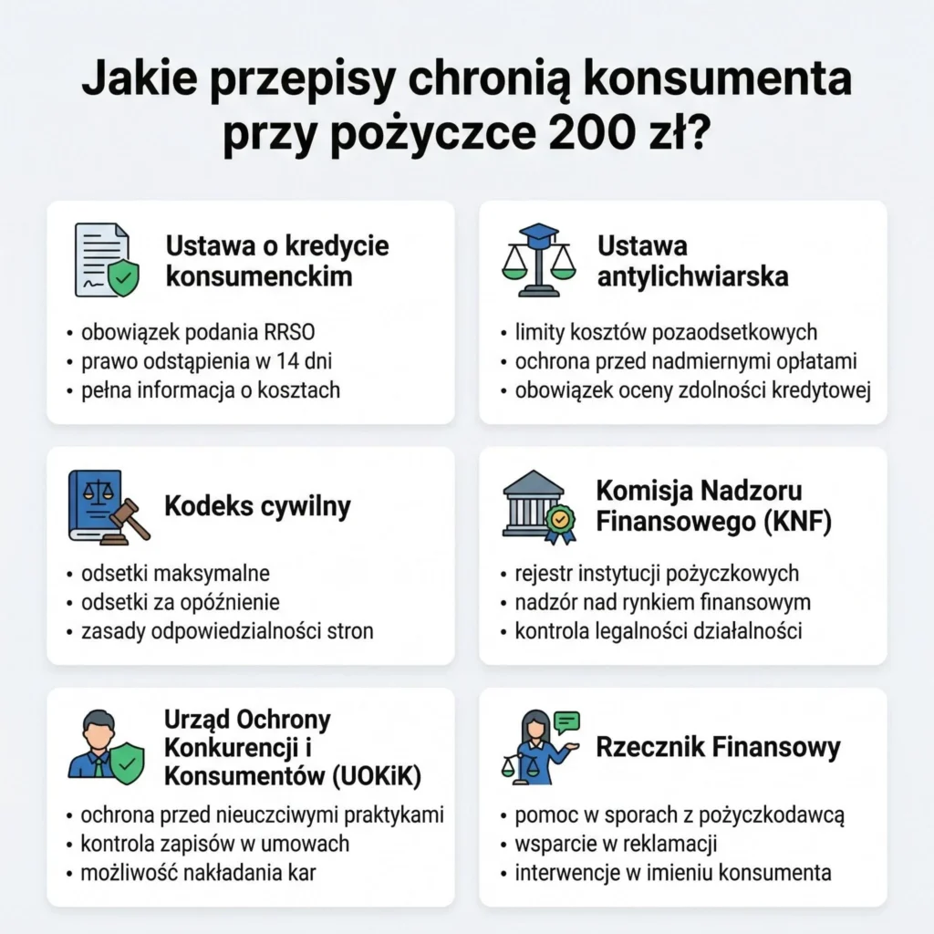 Grafika przedstawiająca jakie przepisy chronią konsumenta przy pożyczce 200 zł.