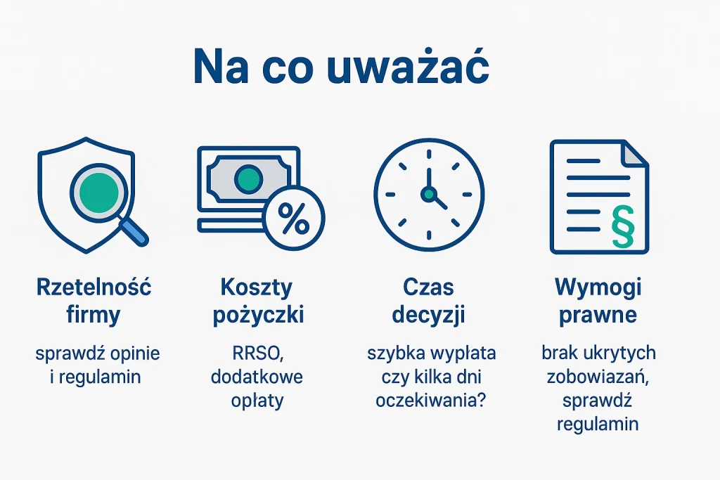 Infografika przedstawiająca 4 najważniejsze aspekty pożyczek dla bezrobotnych