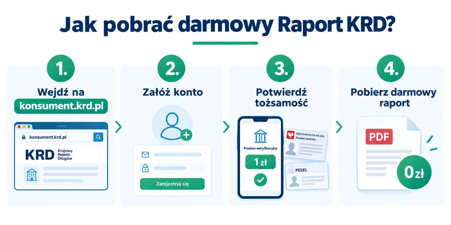 Infografika edukacyjna przedstawiająca schemat 4 kroków pobierania darmowego raportu KRD