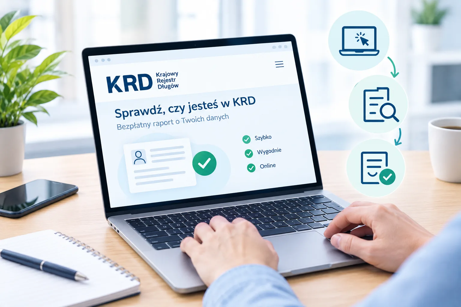 Osoba sprawdza online informacje o zadłużeniu w Krajowym Rejestrze Długów (KRD) na laptopie; na ekranie widoczny jest raport oraz kolejne kroki jego uzyskania.