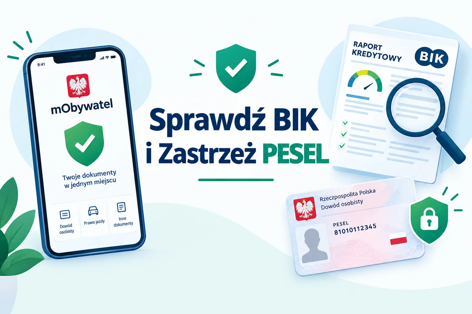 Infografika edukacyjna przedstawiająca aplikację mObywatel z komunikatami PESEL zastrzeżony, Raport BIK oraz kartę tożsamości z kłódką. Na środku widnieje napis Sprawdź BIK i Zastrzeż PESEL.