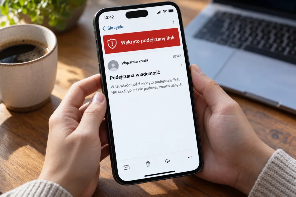 Osoba sprawdzająca na smartfonie podejrzaną wiadomość e-mail i ostrzeżenie przed phishingiem.