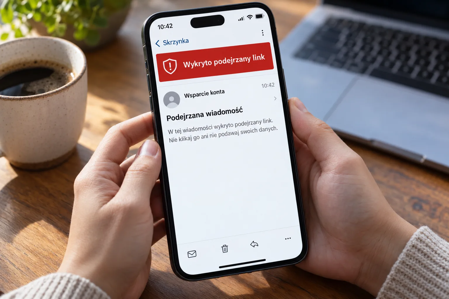 Osoba sprawdzająca na smartfonie podejrzaną wiadomość e-mail i ostrzeżenie przed phishingiem.