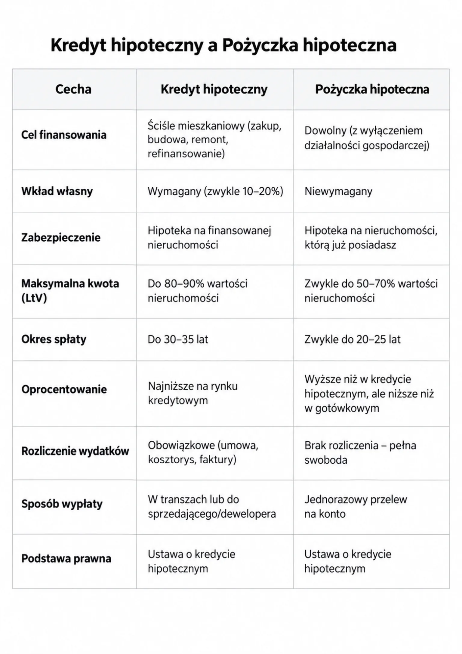 minimalistyczna tabela porównująca kredyt hipoteczny i pożyczkę hipoteczną według celu, wkładu własnego, oprocentowania i okresu spłaty.