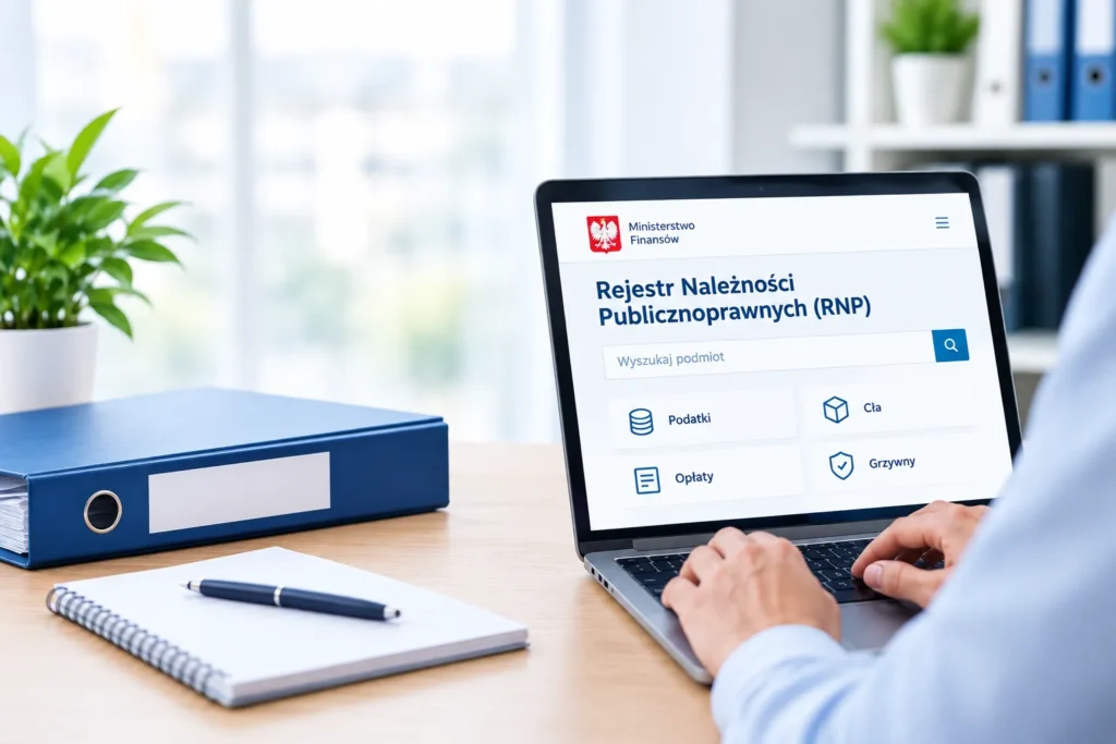 Laptop z otwartą stroną Rejestru Należności Publicznoprawnych (RNP) Ministerstwa Finansów, na ekranie wyszukiwarka podmiotów oraz kategorie należności. Obok na biurku znajduje się segregator, notes i długopis.